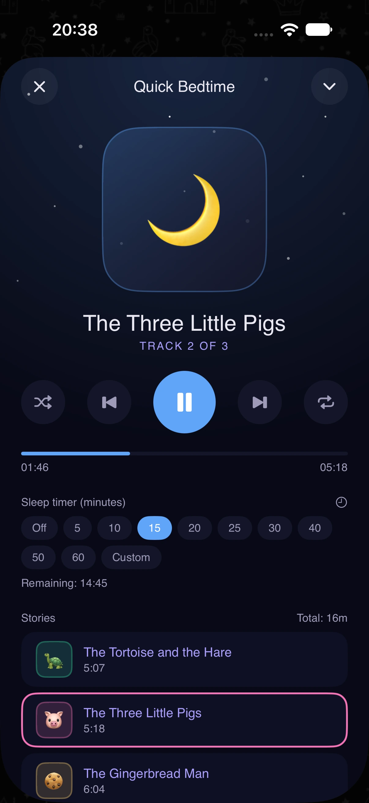 Caring Whisper player showing The Three Little Pigs, with a sleep timer and a list of stories